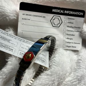 Bracelet, medical alert, new on tag, stainless steel, wallet card, and stickers